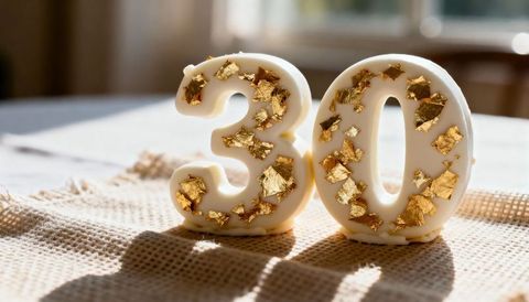 Glinting 30 birthday candles with gold leaf on woven beige fabric, sunlit minimalist