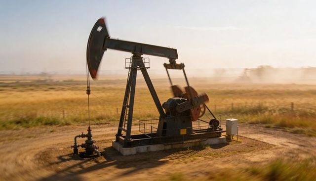 Operating pumpjack in golden grassland at sunrise with motion blur