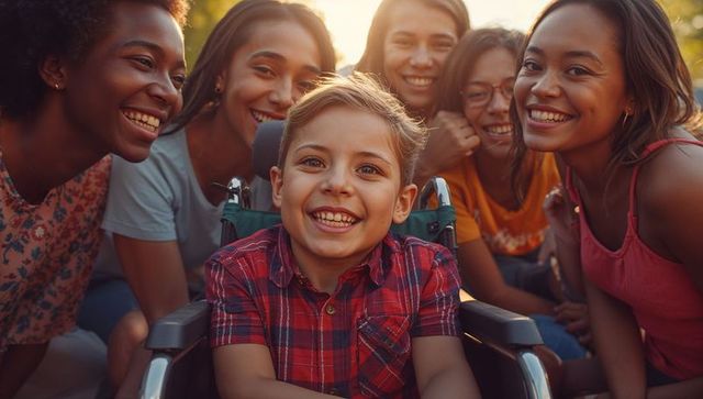 Smiling Diverse Friends with Boy in Wheelchair During Golden Hour