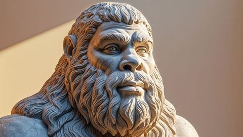 Male stone bust in gallery with accentuated details and texture