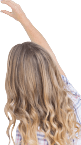Young Woman Pointing With Open Arm Transparent Background
