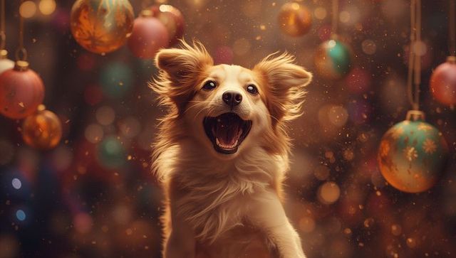 Energetic dog leaping among festive holiday baubles
