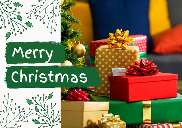Shows a Merry Christmas greeting with colorful gift boxes and festive decorations. Suitable for holiday cards, seasonal advertisements, social media posts, and blog content about Christmas celebrations.