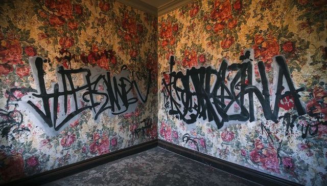 Floral wallpaper being defaced by bold black graffiti tags in neglected room corner