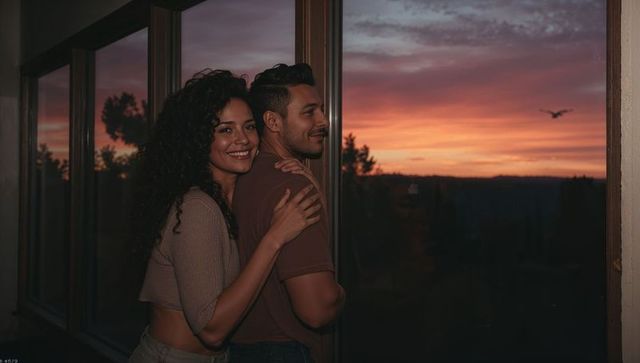 Smiling woman embracing man by sunset window, warm romantic evening at home