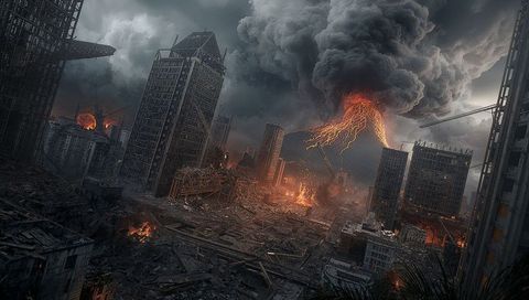 Apocalyptic City Ruin with Erupting Volcano and Collapsed Buildings