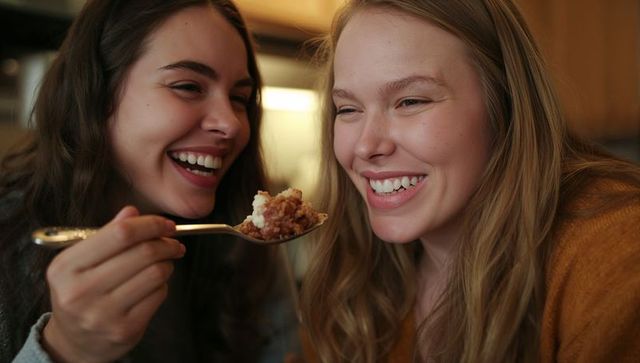Friends sharing dessert in cozy kitchen, woman feeding smiling friend with spoon