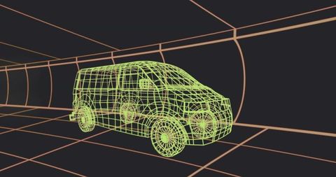 Neon Green Wireframe Van in Futuristic Digital Tunnel