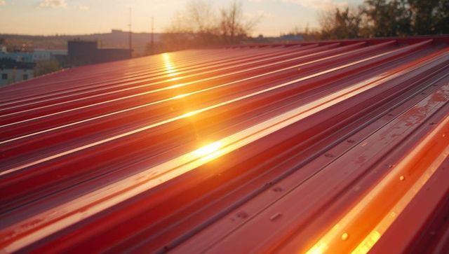 Sunlit Red Corrugated Metal Roof with Water Droplets