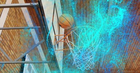 Basketball scoring motion with turquoise particle effect