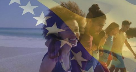 Group of Diverse Friends Walking on Beach at Sunset