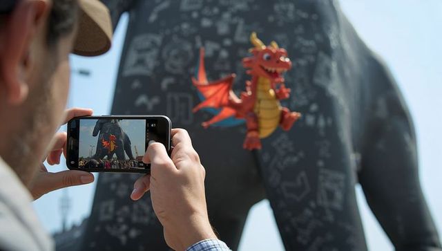 Man capturing red dragon sculpture with smartphone in urban plaza amid chalked artwork