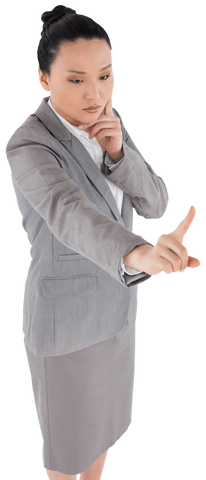 Thoughtful Asian Businesswoman Pointing with Confidence on Transparent Background