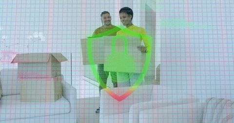 Movers carrying large cardboard box in living room with digital security shield overlay
