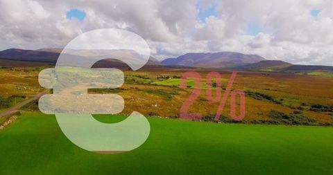 Showing euro symbol and 2% overlay on aerial farmland moorland valley with mountains