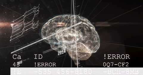 Holographic neural brain rotating on timeline with diagnostic error codes and data overlay