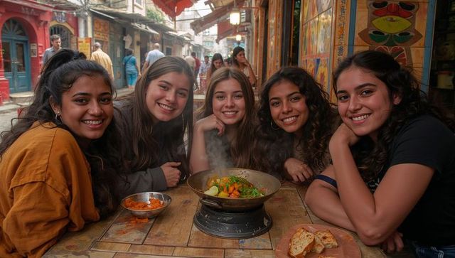 Five friends sharing steaming wok at vibrant market alley, smiling over street food