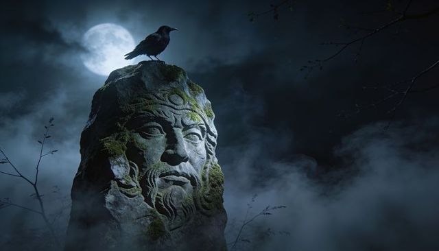 Moonlit stone head emerging from fog with raven perching on mossy face, eerie night scene