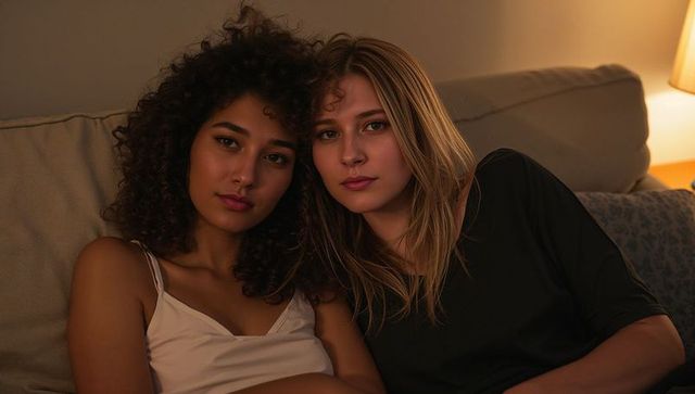 Cozy evening duo relaxing on sofa under warm lamp light intimate friendship moment