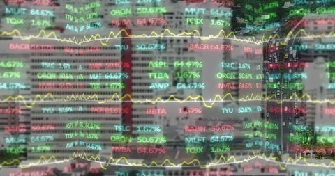 Financial Data Overlay on Urban Cityscape Reflects Global Markets