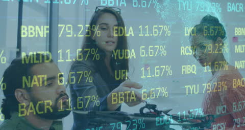 Business Team Analyzing Digital Stock Data overlaid on Office Podium