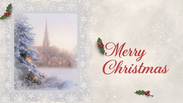 Merry christmas script with holly and snowy church steeple winter greeting card design