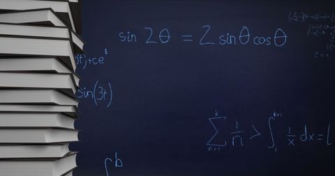 Books Piled High with Animated Mathematics on Chalkboard - Download Free Stock Images Pikwizard.com
