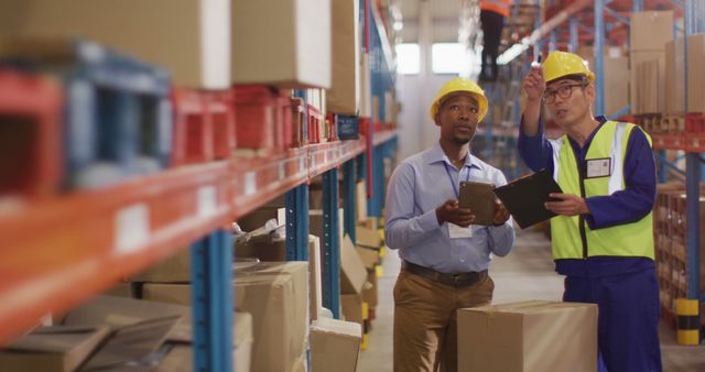 Warehouse workers using digital tablets while managing inventory. Ideal for showcasing logistics, technology in logistics, inventory control systems, and effective teamwork within industrial settings.
