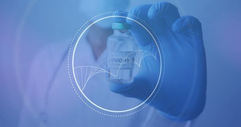 Doctor Holding COVID-19 Vaccine Vial with DNA Structure Overlay