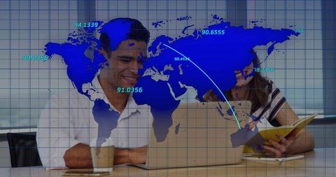 Global team collaborating and analyzing data on laptop with blue world map overlay