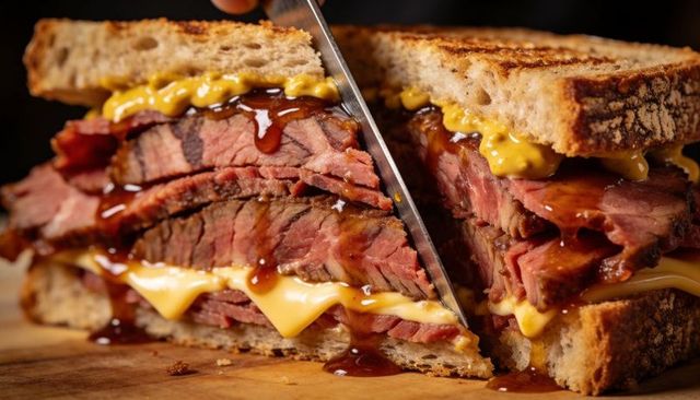 Slicing sourdough roast beef sandwich with melting cheddar and bbq drizzle