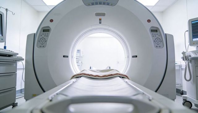 Ct scanner gantry with patient table and blanket in sterile hospital radiology room