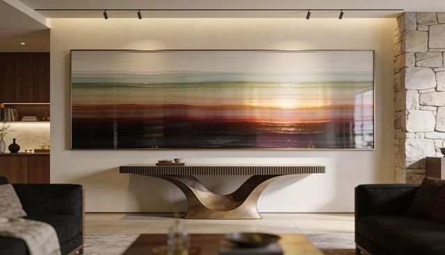Contemporary living room showcasing large abstract wall art above sculptural metal console