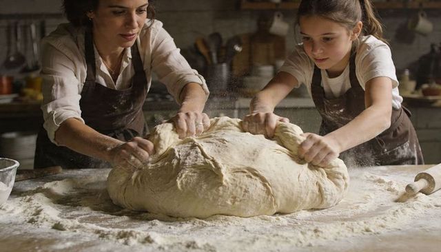 Mother and daughter kneading dough ball on flour-dusted wooden counter, rustic baking