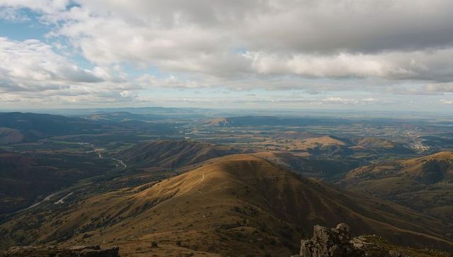 Panoramic landscape view from rocky mountain peak
