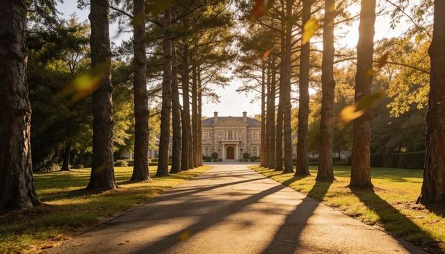 Tree-lined driveway leading to grand stone mansion at golden hour with long shadows