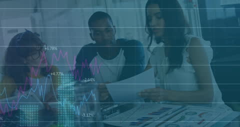 Diverse Team Analyzing Financial Data with Graph Overlay