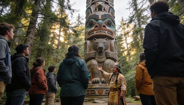 Indigenous guide presenting cultural story at towering carved totem pole in ancient forest