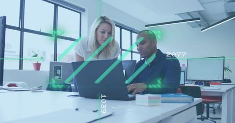 Colleagues Analyzing Data with Digital Overlay in Modern Office