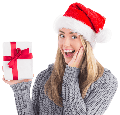 Festive Woman in Santa Hat Holding Christmas Present in Transparent Display