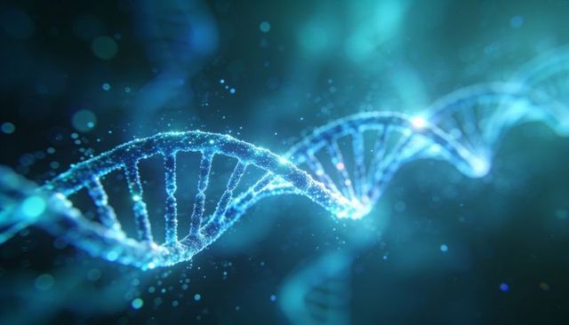 Glowing blue dna double helix rotating 3d molecular visualization for genomics