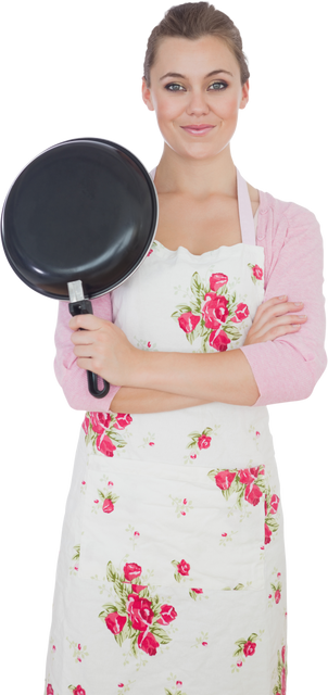 Smiling Woman in Floral Apron Holding Frying Pan on Transparent Background - Download Free Stock Videos Pikwizard.com