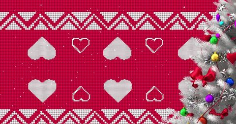 Festive Christmas Tree with Red Heart Pattern Background