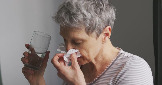 Senior woman with grey hair indoors blowing her nose and holding a glass of water, indicating signs of illness or a cold. Useful in healthcare, senior care, and wellness content. Great for illustrating subjects like cold and flu remedies, hydration, and elderly health care.