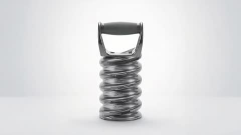 Rotating Chrome Helix Sculpture with Ergonomic Handle on Minimal White Surface