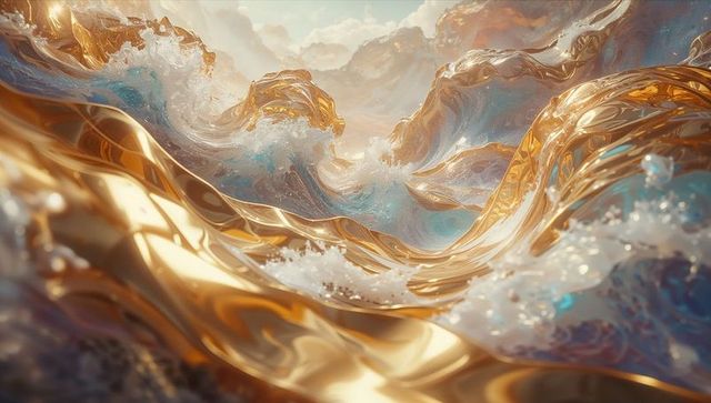 Golden swirling liquid mixing with water foam in abstract surrealism