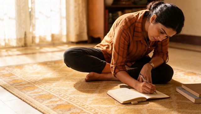 Woman writing journal on sunlit rug at home, sitting cross-legged, cozy reflective moment