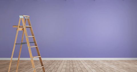 Wooden Ladder Against Purple Wall in Minimalist Room - Download Free Stock Images Pikwizard.com