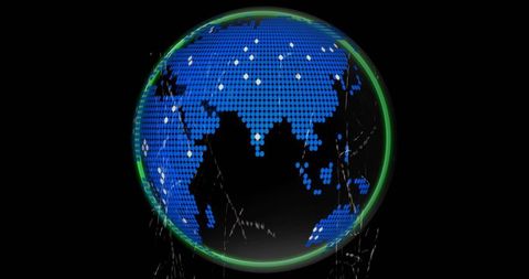 Rotating neon globe with blue digital continents, white network nodes and green glowing ring