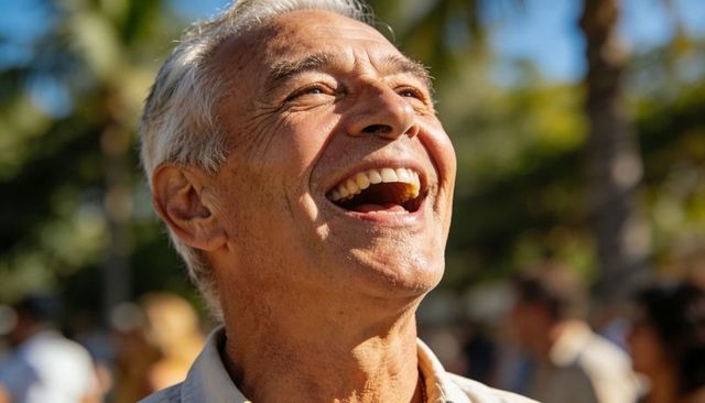 Laughing senior man basking in sunlight in park with palm trees joyful outdoor lifestyle